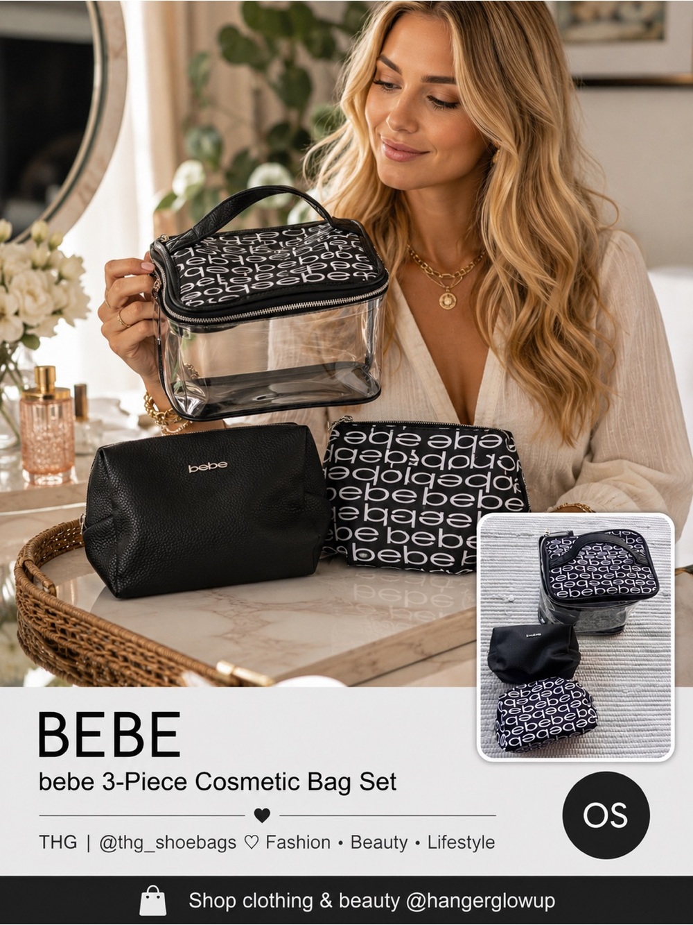 bebe 3-Piece Cosmetic Bag Set Clear PVC Travel Case & Logo Pouches Black OS